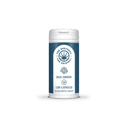 CBD Brothers Blue Edition 1875mg vegan CBD and CBDA capsules displayed in packaging