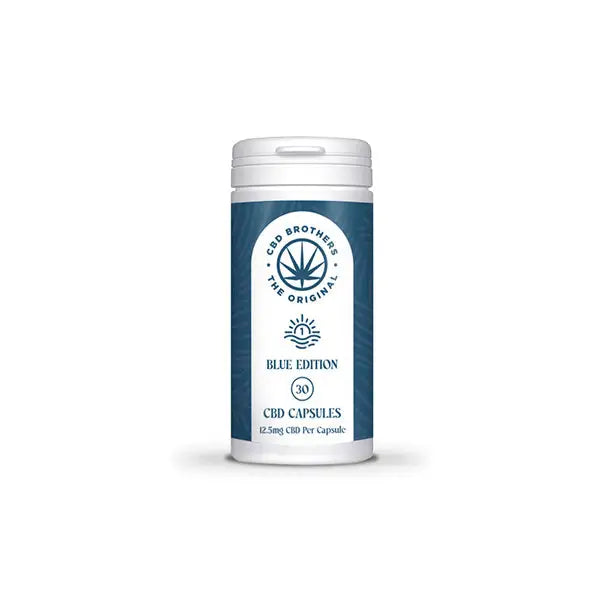 Blue CBD capsule container from CBD Brothers Blue Edition 375mg Vegan Capsules
