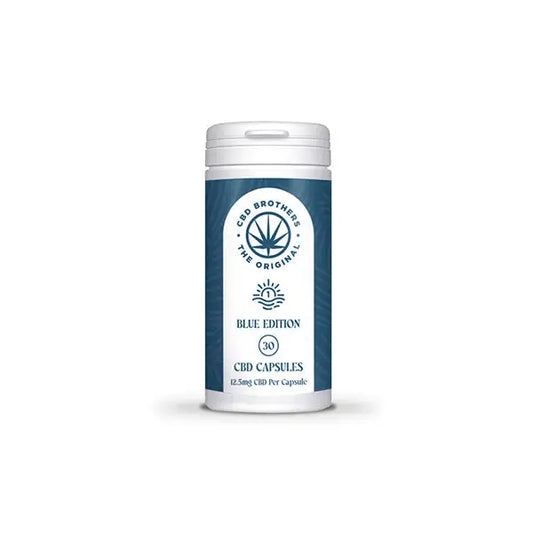 Blue CBD capsule container from CBD Brothers Blue Edition 375mg Vegan Capsules