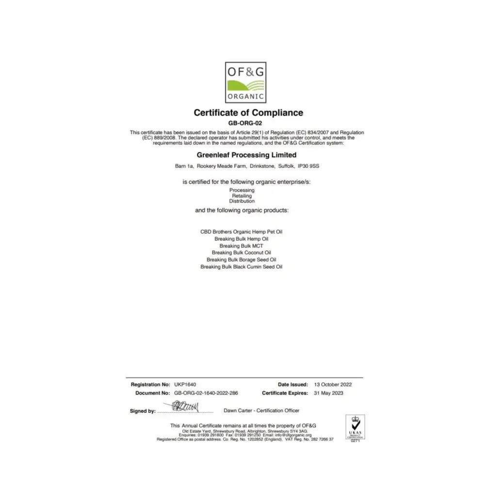 Organic compliance certificate displayed on CBD Brothers Organic Pet Hemp Oil 30ml bottle