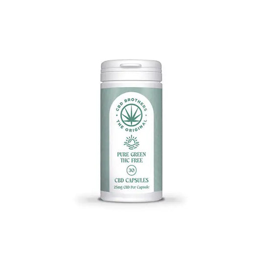 CBD Brothers Pure Green 750mg CBD Vegan Capsules container with 30 capsules