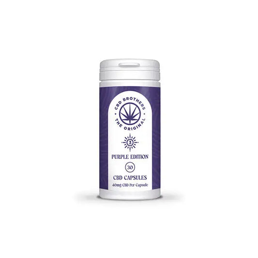 Purple CBD capsule container from CBD Brothers Purple Edition 1200mg Vegan Capsules