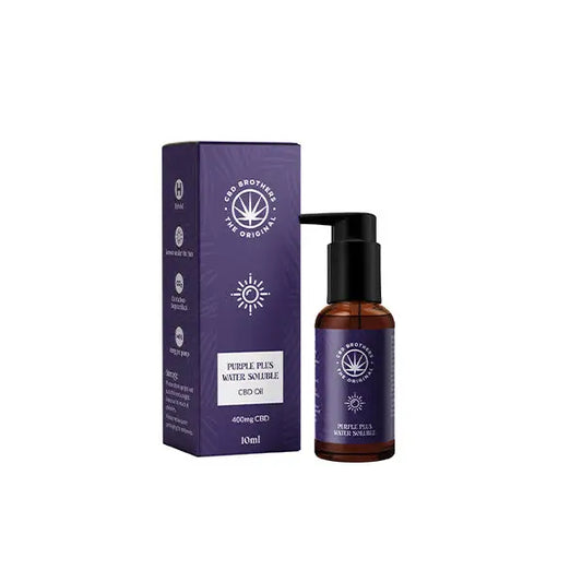 Purple CBD Brothers Purple Plus 400mg Water Soluble CBD Oil bottle and box