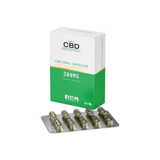 CBD by British Cannabis 300mg CBD oral capsules in a bottle for wellness