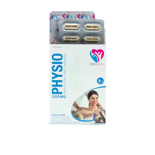 Physio 300mg single-dose oral capsules of CBD by British Cannabis in a product package