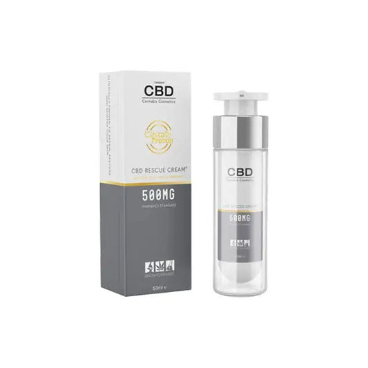 CBD by British Cannabis 500mg Rescue Cream and box for skin relief and soothing