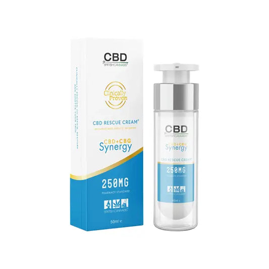 CBD rescue cream by British Cannabis Synergy 250mg CBG and CBD in a 50ml container
