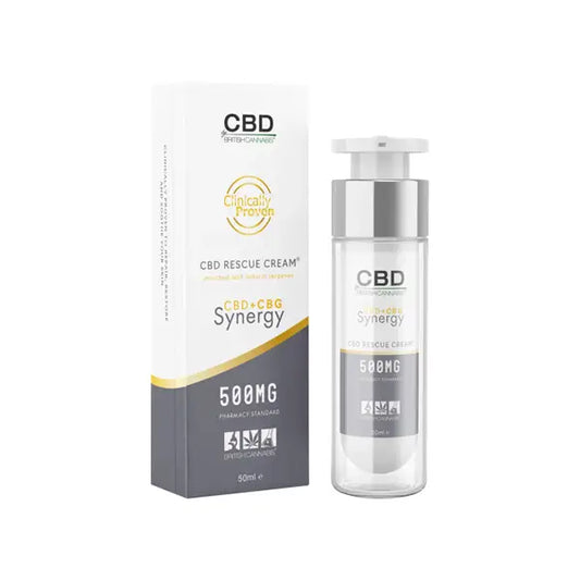 CBD Rescue Cream by British Cannabis Synergy 500mg CBG and CBD in a 50ml jar
