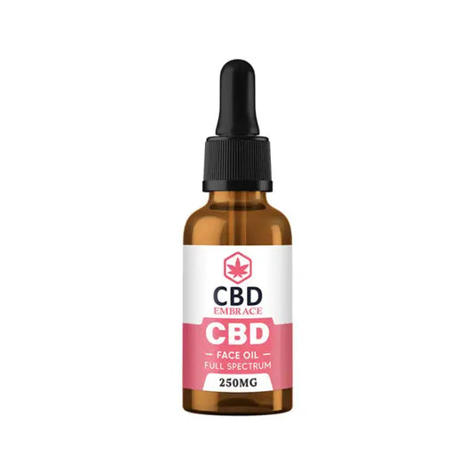 CBD Embrace 250mg Full Spectrum CBD Face Oil in a brown glass bottle with dropper