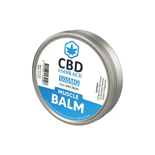 CBD Embrace 500mg Full Spectrum CBD Muscle Balm in a tin container on display
