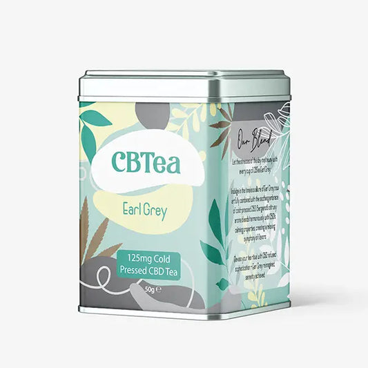 CBTea Earl Grey tea tin packaging for CBTea 125mg Cold Pressed Full Spectrum CBD Earl Grey 50g