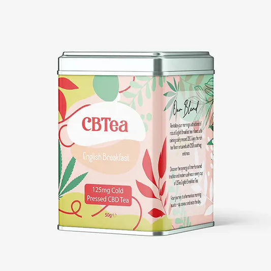 CBTea English Breakfast tea tin displayed alongside CBTea 125mg Cold Pressed CBD Bottle