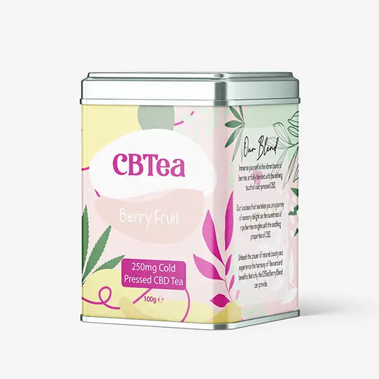 Berry fruit CBD tea tin for CBTea 250mg Cold Pressed Full Spectrum CBD Berry Fruit 100g