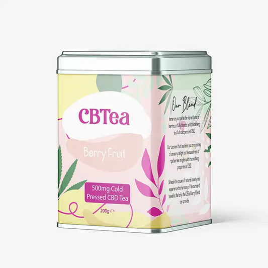 Berry fruit CBD tea tin for CBTea 500mg Cold Pressed Full Spectrum CBD product