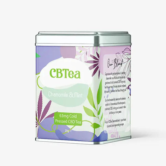 CBD tea tin container for CBTea 63mg Cold Pressed Full Spectrum CBD Chamomile and Mint product