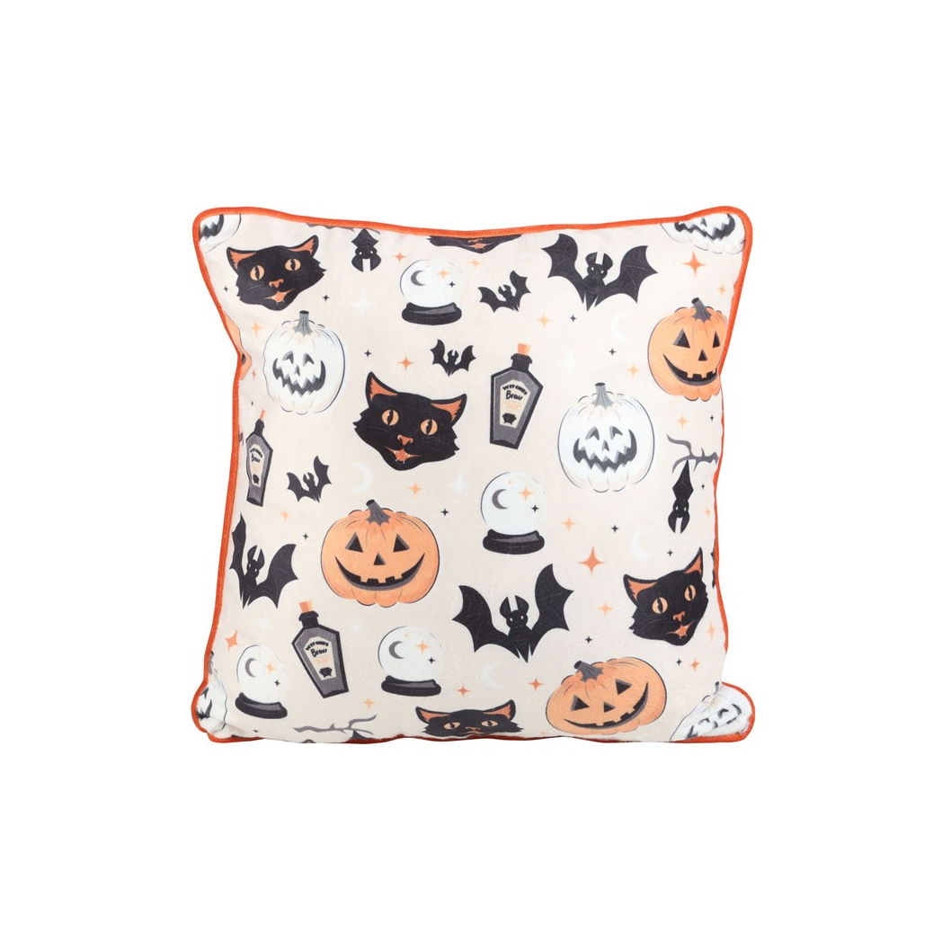 35cm Square Spooky Cat and Pumpkin Print Cushion