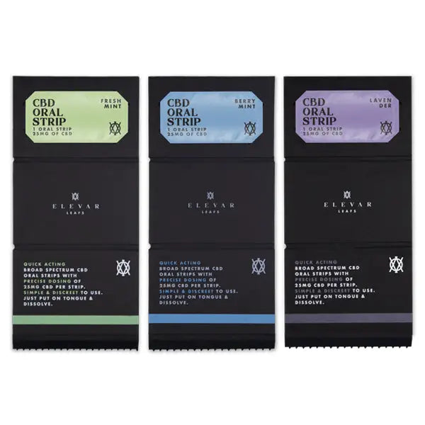 CBD oral strip packets of Elevar Leafs 125mg CBD Oral Strips displayed on a plain background