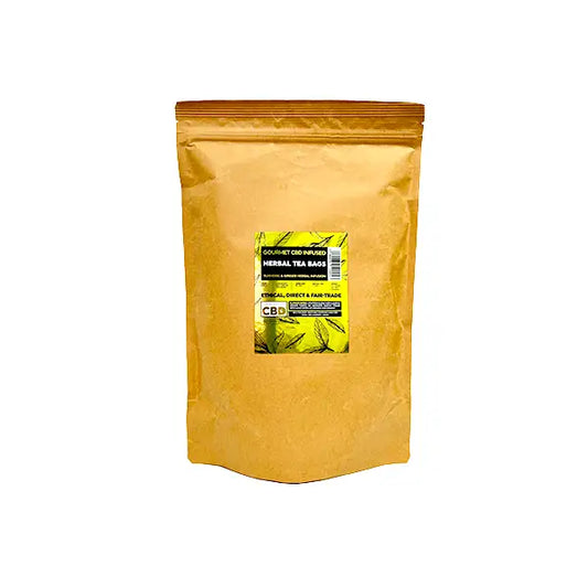 Brown bag of herbal tea from Equilibrium CBD Turmeric Ginger Catering Pack with biodegradable pyramid bags