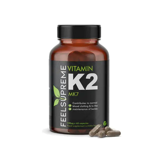 Vitamin K2 MK7 supplement bottle with capsules, Feel Supreme 6000ug, 60 caps