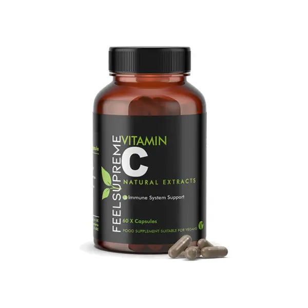 Vitamin C supplement bottle with capsules for Feel Supreme 7500mg Vitamin C Tablets