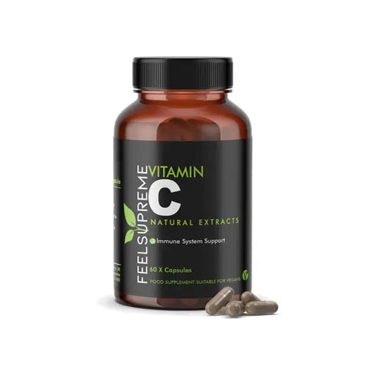 Vitamin C supplement bottle with capsules for Feel Supreme 7500mg Vitamin C Tablets