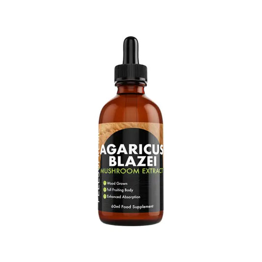 Agaricus Blazei mushroom extract in a brown bottle with dropper for Feel Supreme tincture