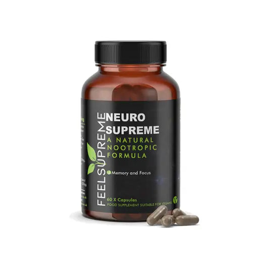 Bottle of Feel Supreme Neuro Supreme Nootropic Capsules in a product display