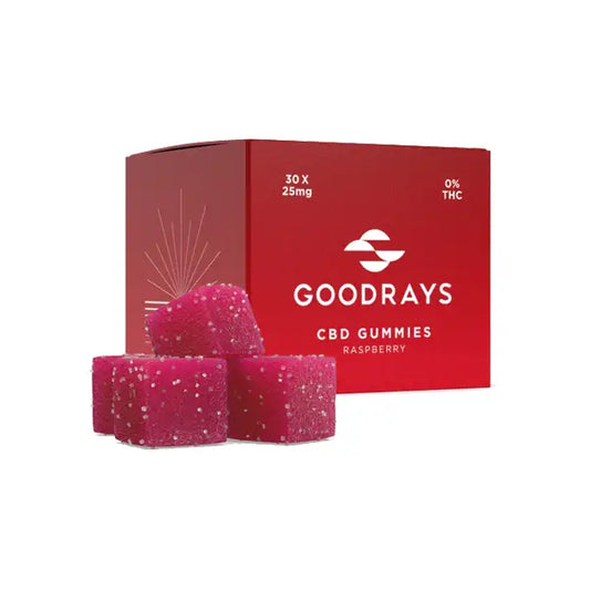 Raspberry CBD gummies and packaging for Goodrays 750mg CBD Gummies 30 Pieces