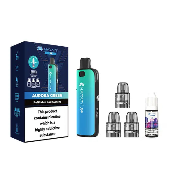 Hayati X4 Refillable Pod Vape Kit Includes 1X Nic Salts 20mg + 3x Refillable Pods - Aurora Green - Vaping Products