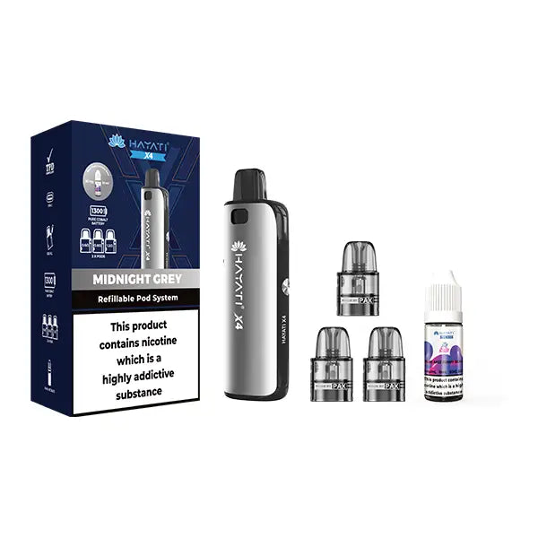 Hayati X4 Refillable Pod Vape Kit Includes 1X Nic Salts 20mg + 3x Refillable Pods - Midnight Grey - Vaping Products