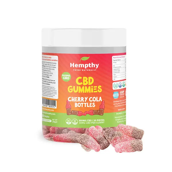 Jar of Hempthy 900mg CBD Cherry Cola Gummies in a product package with 30 pieces