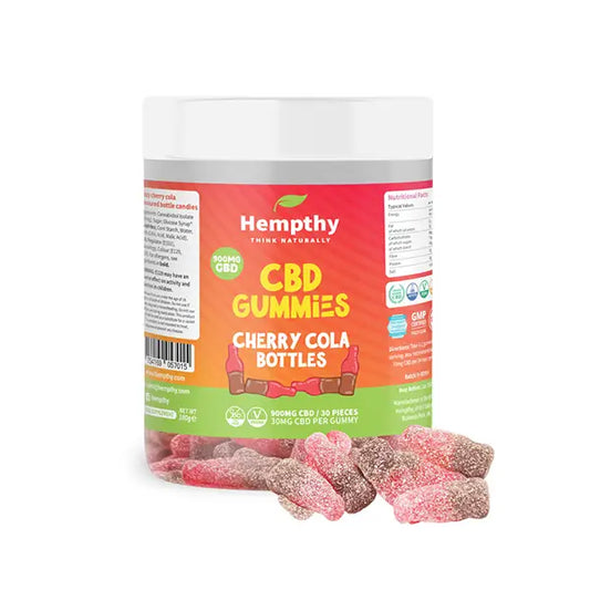 Jar of Hempthy 900mg CBD Cherry Cola Gummies in a product package with 30 pieces