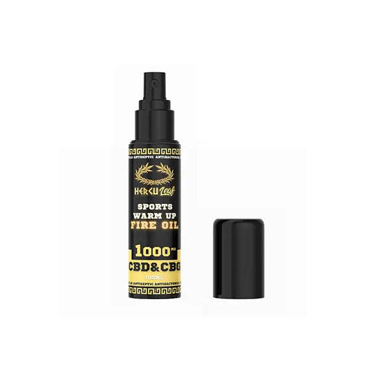 Black spray bottle of Herculeaf 1000mg CBD CBG Sports Warm Up Fire Oil 100ml