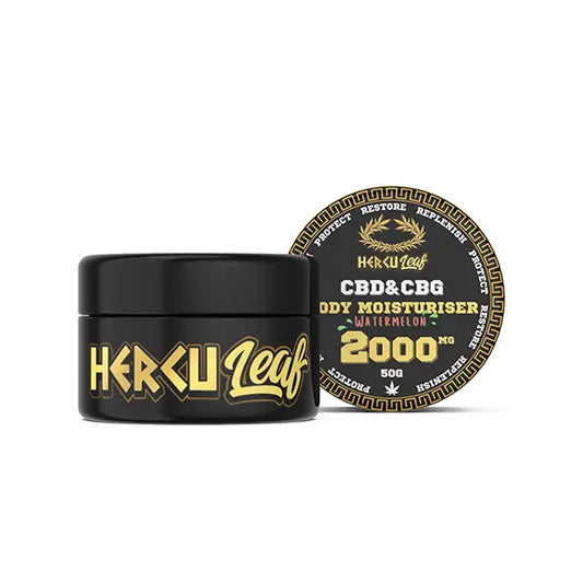 Black jar of HercuLeaf 2000mg CBD CBG Watermelon Body Moisturiser, 50ml