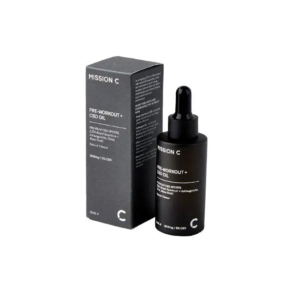 Mission C Pre-Workout CBD Oil bottle labeled 1500mg for enhanced workout performance