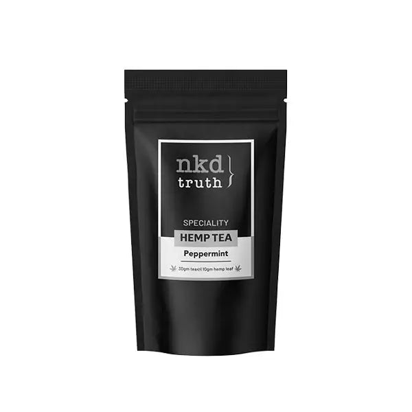 Black hemp tea pouch from NKD 10mg CBD Wellness Tea 40g product display