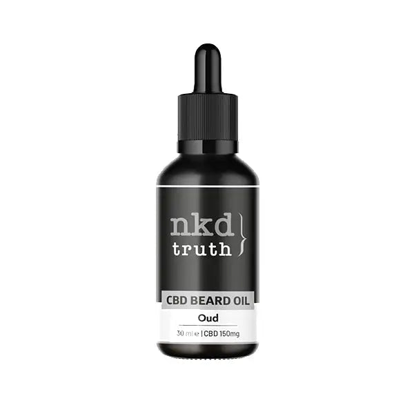 Black bottle of NKD 150mg CBD Infused Specialty Beard Oil in 30ml container