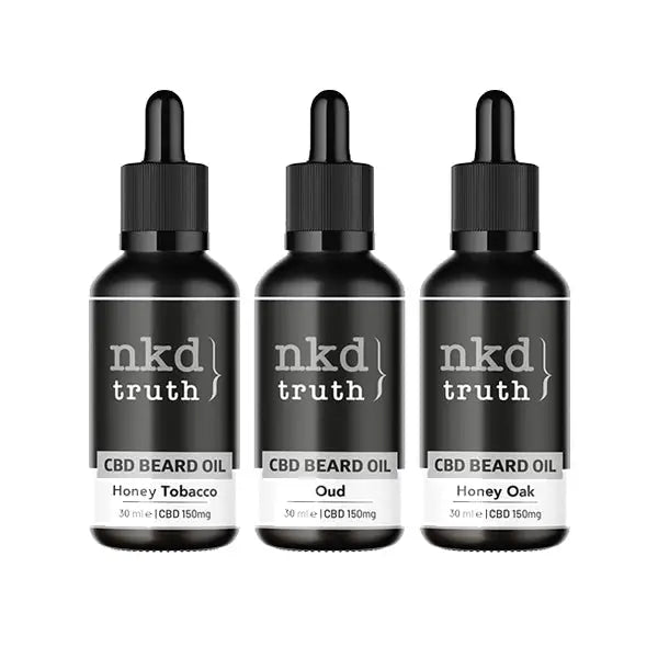 Three bottles of NKD 150mg CBD Infused Specialty Beard Oils displayed for grooming