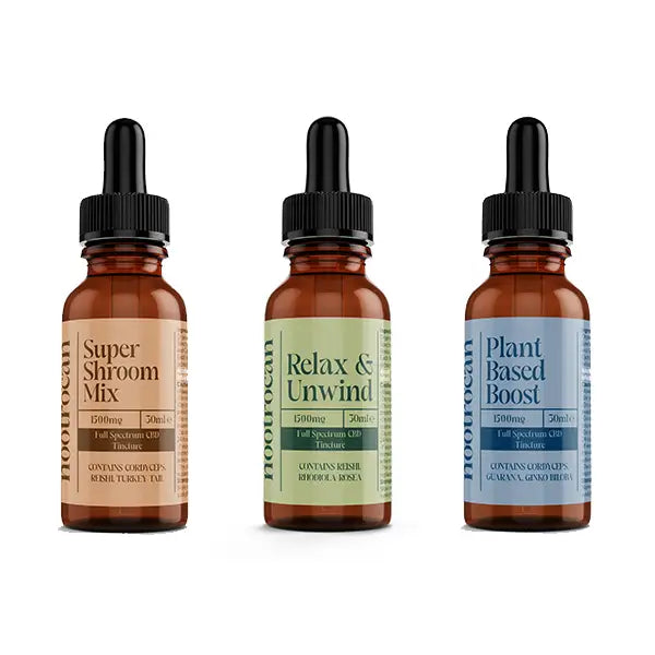 Three bottles of herbal tinctures displayed with Nootrocan 1500mg CBD Nootropic Tincture packaging