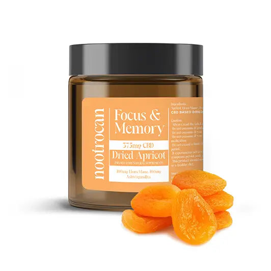 Jar of dried apricot CBD supplements from Nootrocan 375mg full spectrum CBD nootropic dried fruits