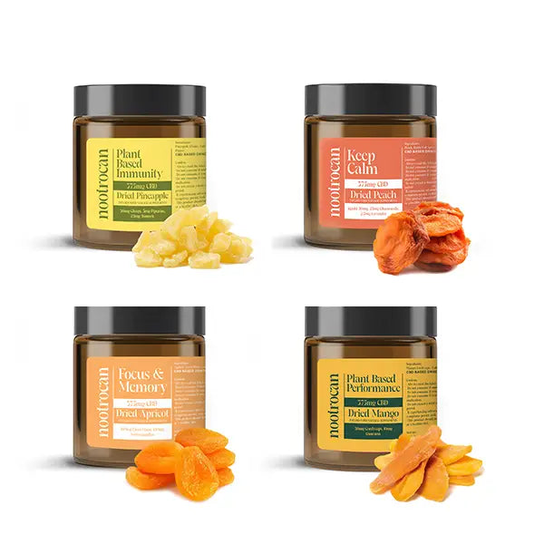 Four jars of dried fruit supplements from Nootrocan 375mg Full Spectrum CBD Nootropic product