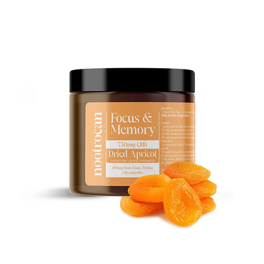 Jar of dried apricot supplements from Nootrocan 750mg Full Spectrum CBD Nootropic product