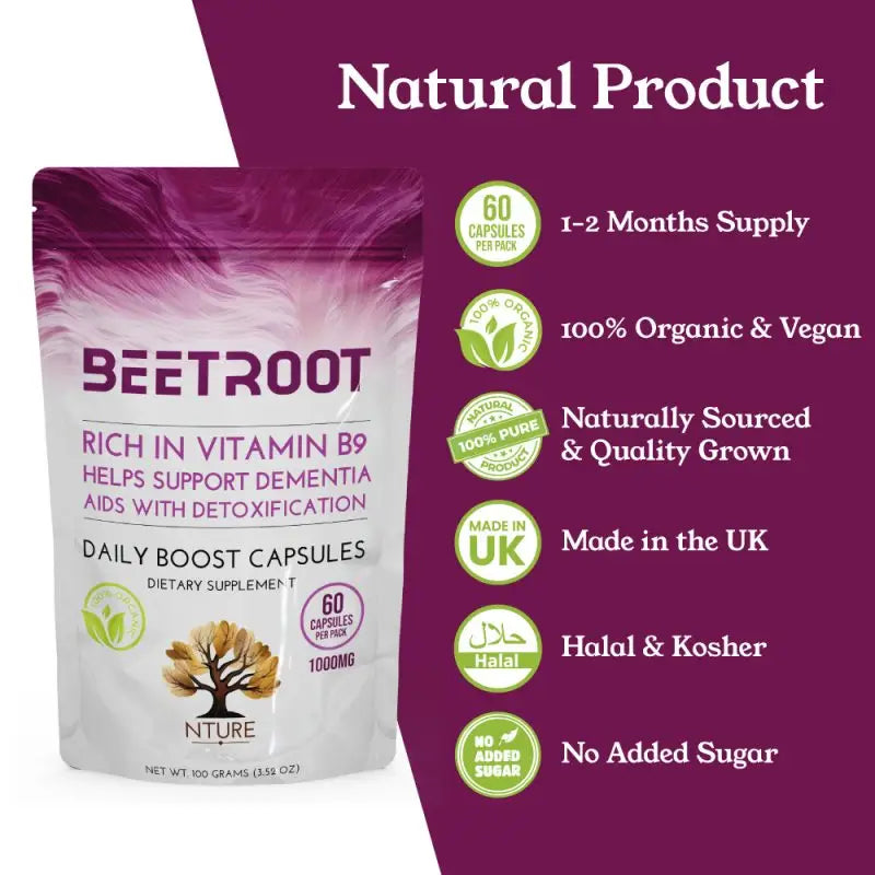 NTURE 1000mg Beetroot Capsules - 60 Caps - Nootropics & Supplements