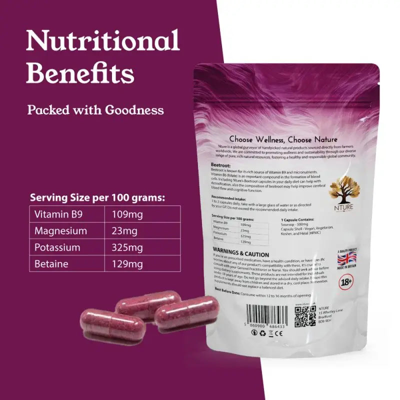 NTURE 1000mg Beetroot Capsules - 60 Caps - Nootropics & Supplements