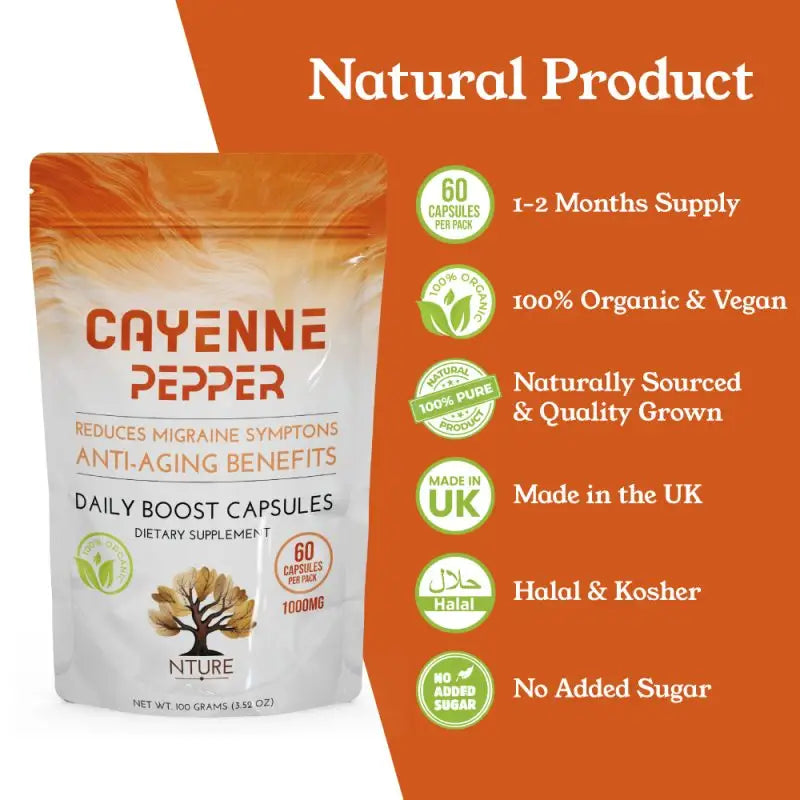 NTURE 1000mg Cayenne Pepper Capsules - 60 Caps - Nootropics & Supplements