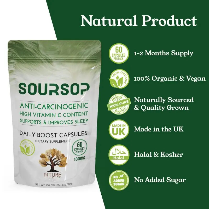 NTURE 1000mg Soursop Capsules - 60 Caps - Nootropics & Supplements