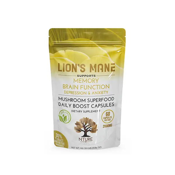 NTURE 2000mg Lion’s Mane Mushroom Capsules - 60 Caps - Nootropics & Supplements