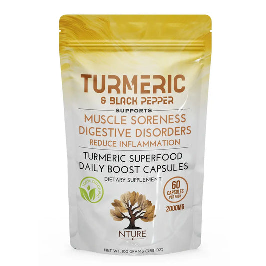 NTURE 2000mg Turmeric & Black Pepper Capsules - 60 Caps - Nootropics & Supplements