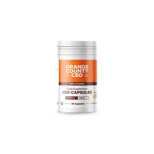 Orange County 900mg Full Spectrum CBD Capsules in a container with orange label