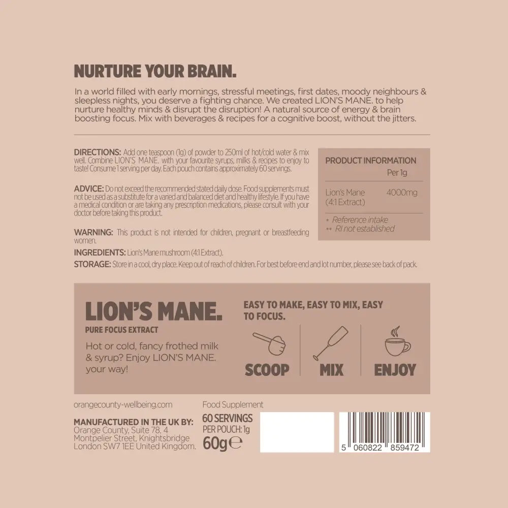 Orange County Organic Pure Lion’s Mane Extract Powder Max Strength 240000mg - Nootropics & Supplements